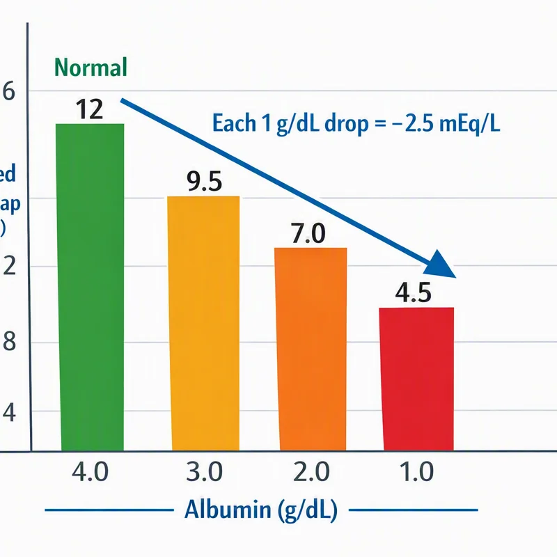 Bar chart showing how declining albumin lowers the expected anion gap by 2.5 mEq/L per gram per deciliter