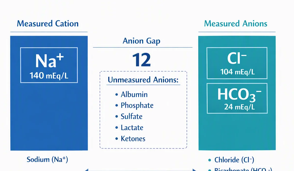 Anion gap charge balance diagram showing sodium minus chloride and bicarbonate equals the unmeasured anion gap