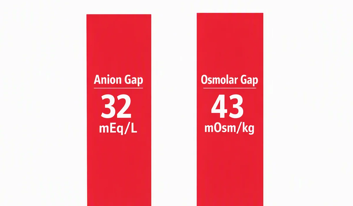 Infographic showing simultaneously elevated anion gap and osmolar gap indicating toxic alcohol poisoning