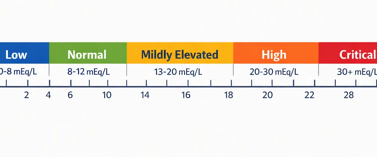 Anion gap severity scale showing normal range 8-12, elevated 13-20, and critical above 30 mEq/L