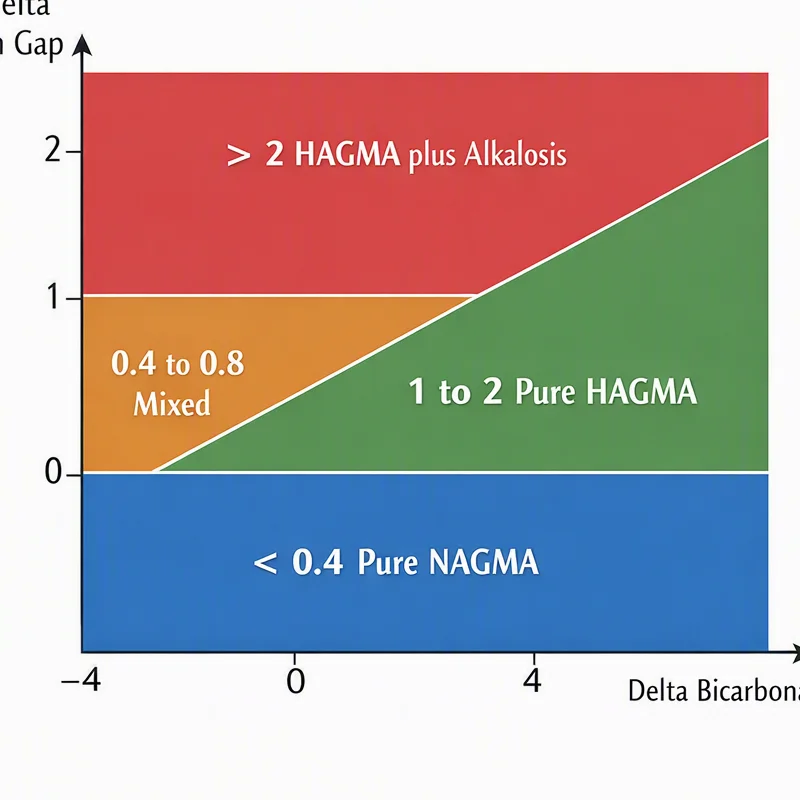 Delta ratio quadrant chart showing four interpretation bands for mixed acid-base disorder detection