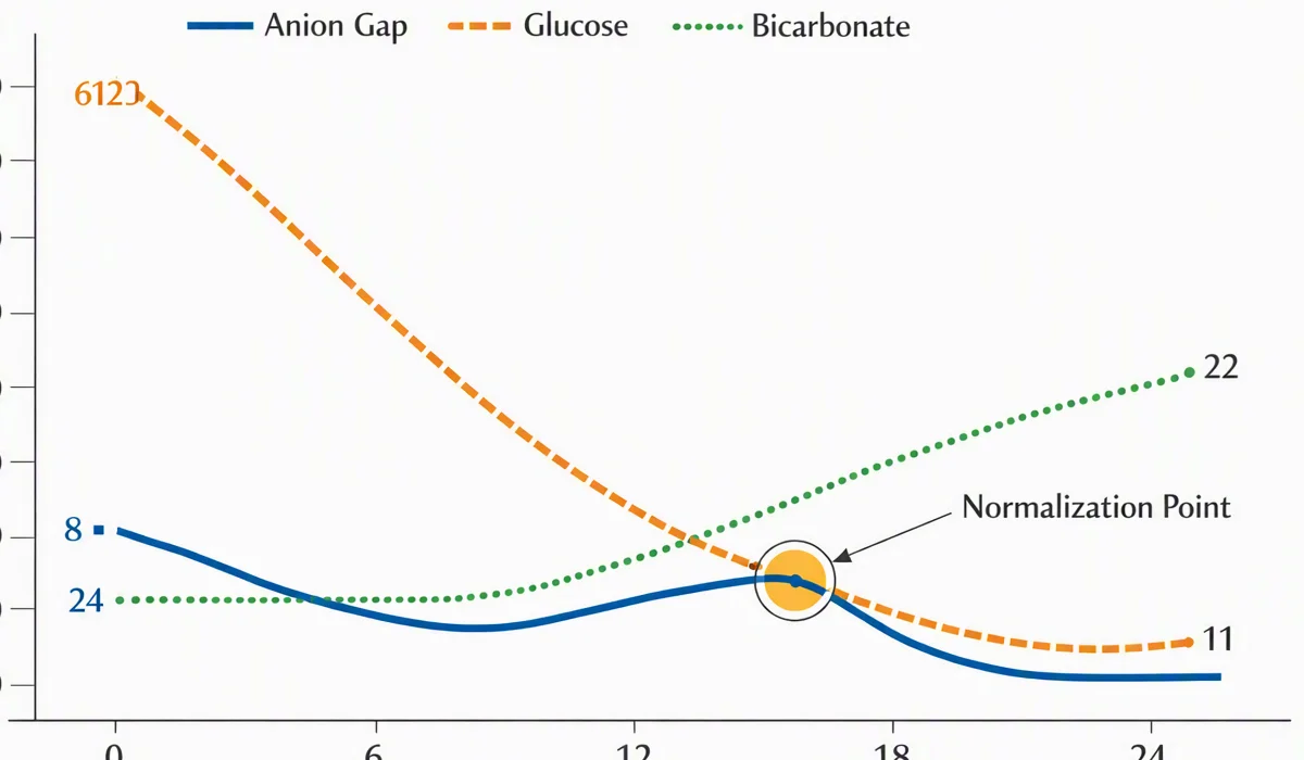 Line chart showing anion gap closure from 24 to 11 mEq/L over 24 hours during DKA treatment