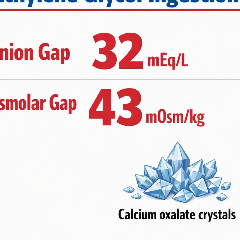 Lab values infographic showing markedly elevated anion gap and osmolar gap in ethylene glycol poisoning
