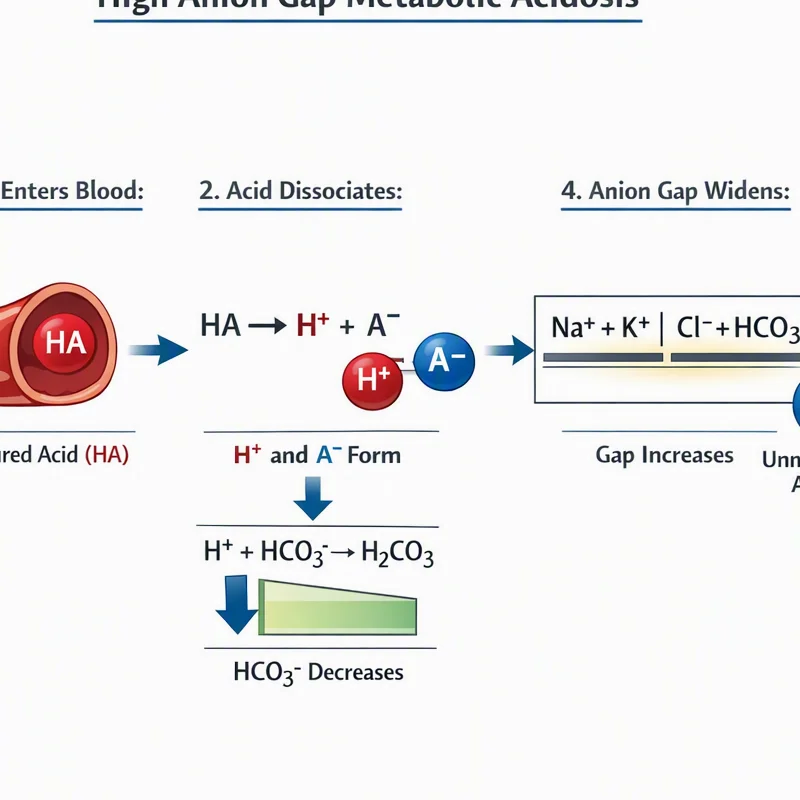 Mechanism diagram showing how unmeasured acids consume bicarbonate and leave behind anions that widen the anion gap