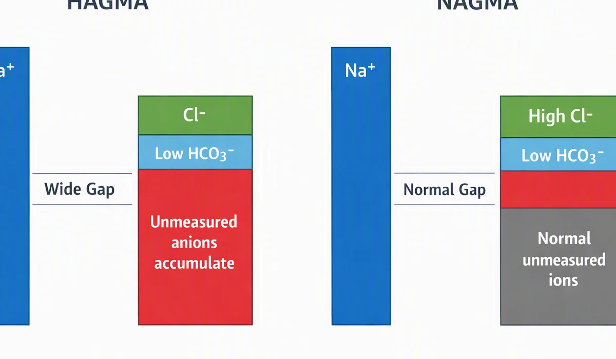 Comparison diagram showing how HAGMA widens the anion gap while NAGMA keeps it normal with elevated chloride