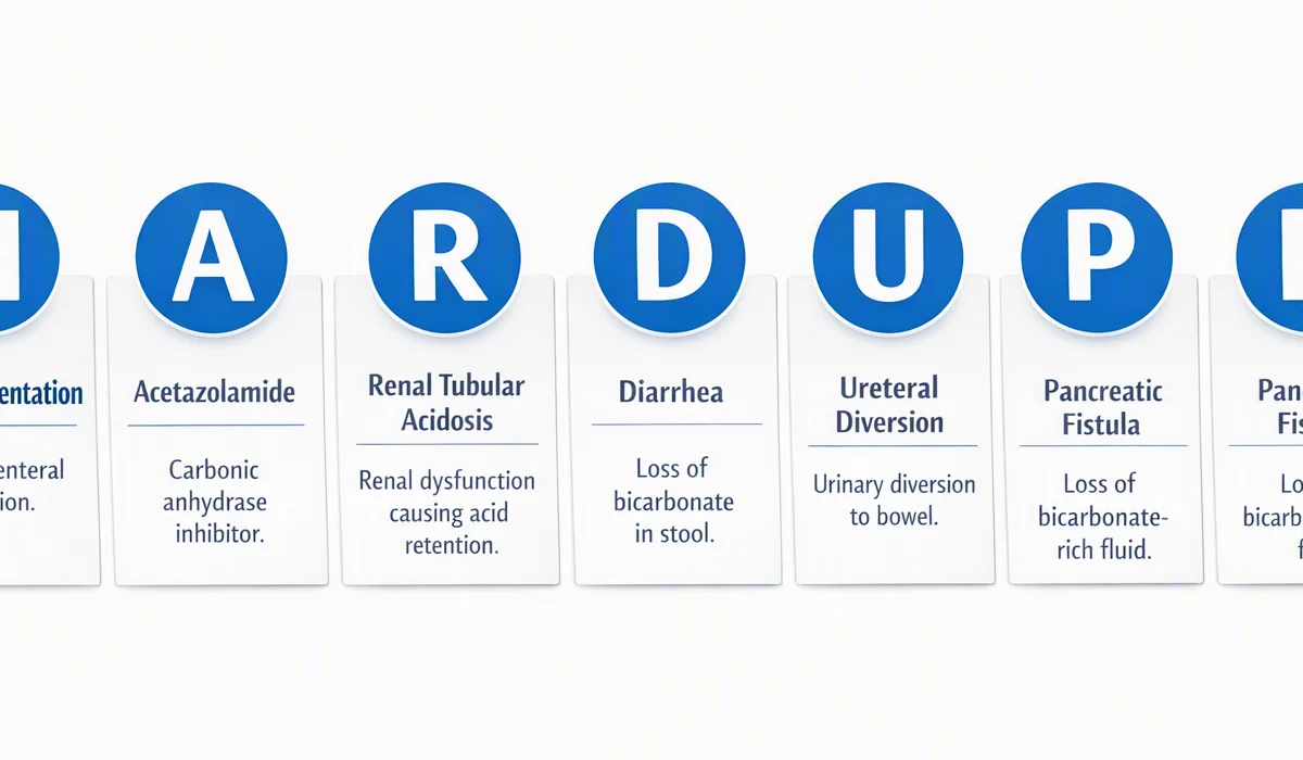 HARDUP mnemonic showing the six causes of normal anion gap metabolic acidosis
