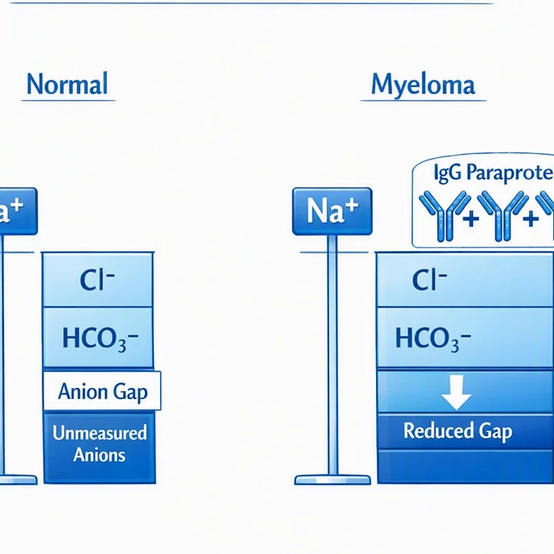Diagram showing how cationic IgG paraprotein in multiple myeloma reduces the anion gap