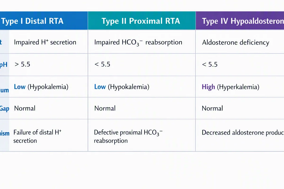 Comparison table of renal tubular acidosis types I, II, and IV showing defect, urine pH, and potassium patterns