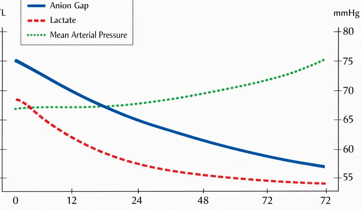 Line chart showing anion gap and lactate declining alongside rising mean arterial pressure during sepsis resuscitation