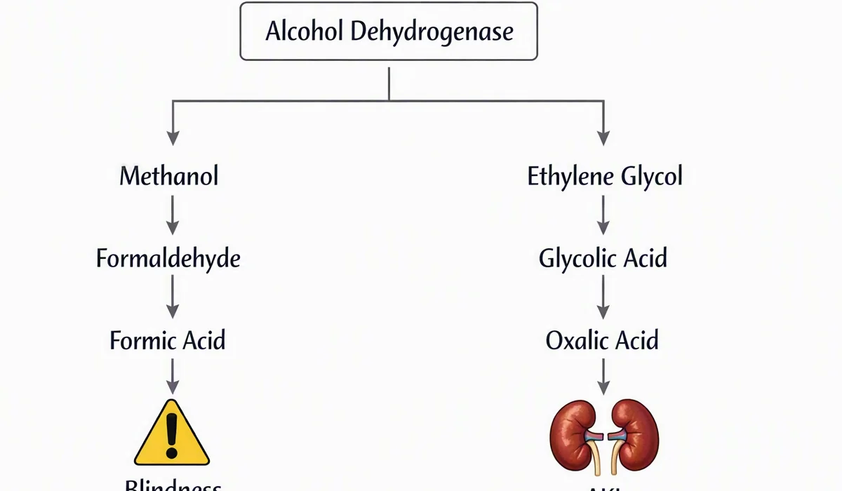 Metabolic pathway diagram showing methanol and ethylene glycol metabolism with fomepizole blockade point